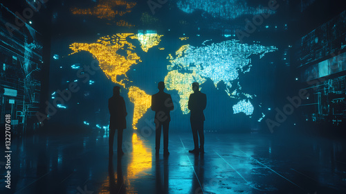 Fototapeta Naklejka Na Ścianę i Meble -  Global Visionaries: Silhouette of three people, contemplating the world map illuminated with digital data.