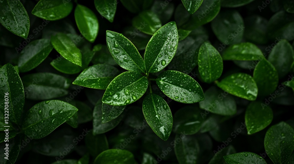 Green leaves with water droplets covering the surface appear natural Green leaves with water droplets covering the surface appear natural