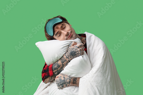 Sleepy young man with blank...