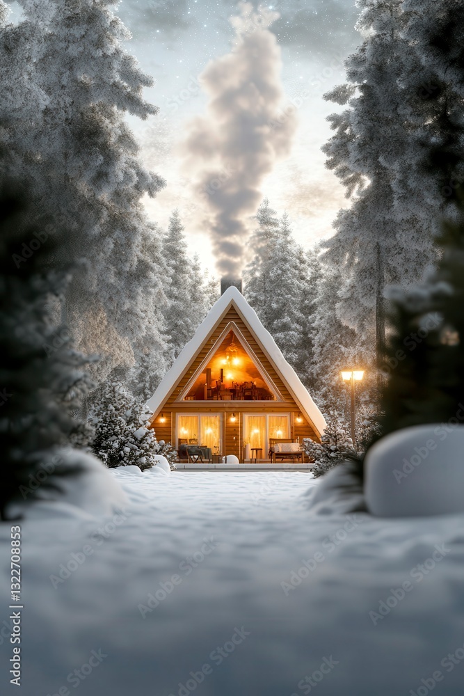 Fototapeta premium Cozy A-Frame Cabin Surrounded by Snowy Pine Forest at Dusk