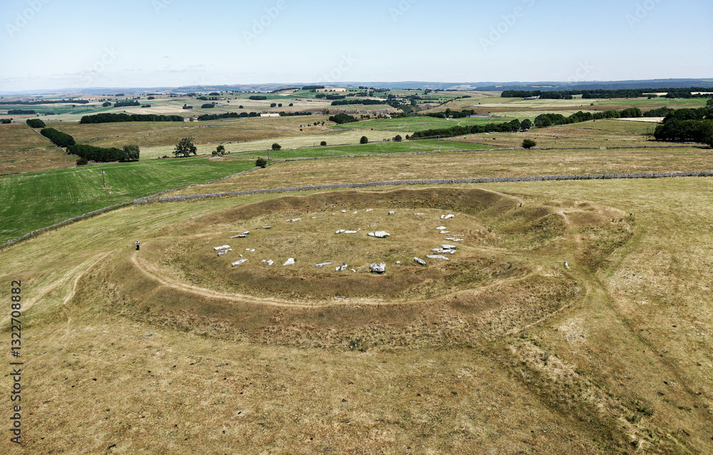 Arbow Low Neolithic henge and stone circle and adjoined bowl barrow on limestone upland near Bakewell, Derbyshire. Parched summer drought conditions