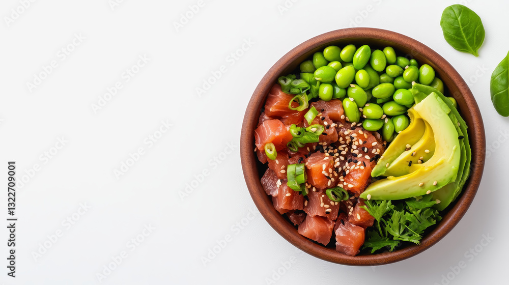 Aerial view of a colorful poke bowl filled with fresh tuna, avocado, and assorted vegetables for a healthy delight Aerial view of a colorful poke bowl filled with fresh tuna, avocado, and assorted vegetables for a healthy delight