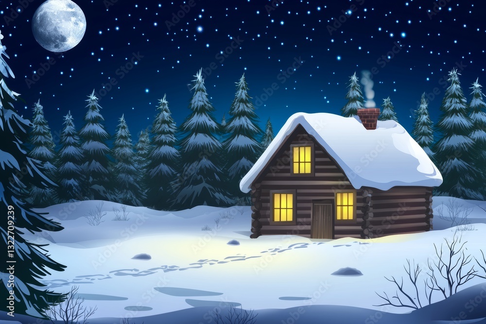 Naklejka premium Cozy log cabin under a starry night sky in a snowy landscape with pine trees and a glowing moon