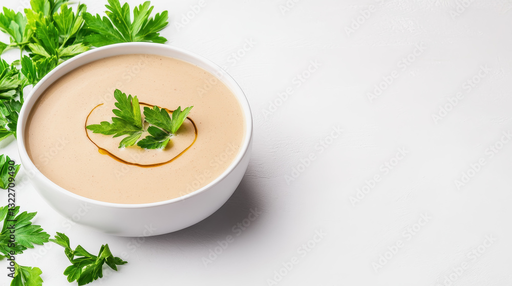 Rich creamy mushroom soup with a swirl of truffle oil served in a bowl on a rustic wooden table setting Rich creamy mushroom soup with a swirl of truffle oil served in a bowl on a rustic wooden table setting