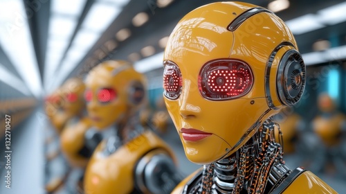 Close up of Yellow Humanoid Robots in Futuristic Factory Setting