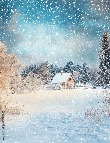 Enchanting Winter Scene of Snow Falling Against a Christmas Sky