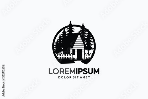 Vector illustration of a vintage country cabin or cottage logo design with fence and pine trees