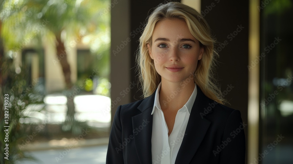 Young professional woman stands confidently outside a modern building on a sunny day Young professional woman stands confidently outside a modern building on a sunny day