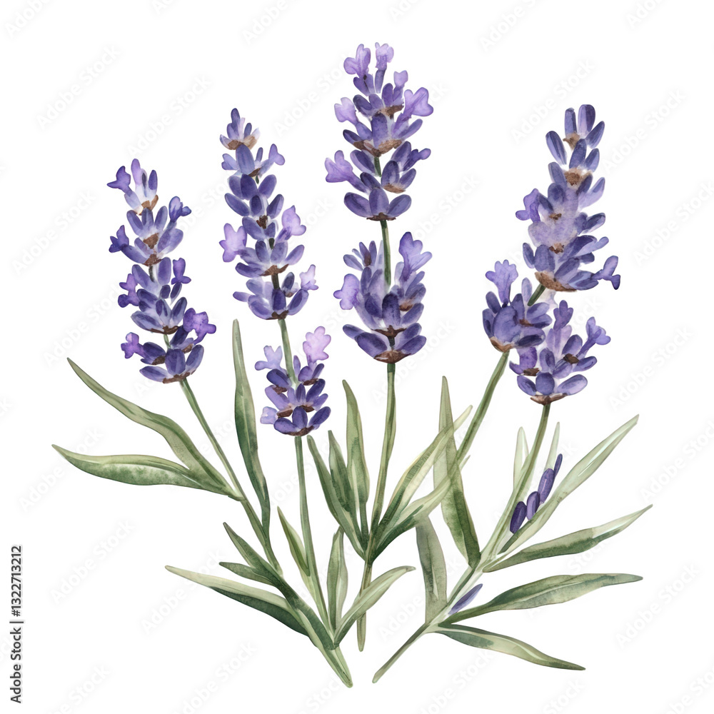Naklejka premium watercolor illustration of lavender flowers showcasing their vibrant purple hues and green leaves often symbolizing calmness and tranquility