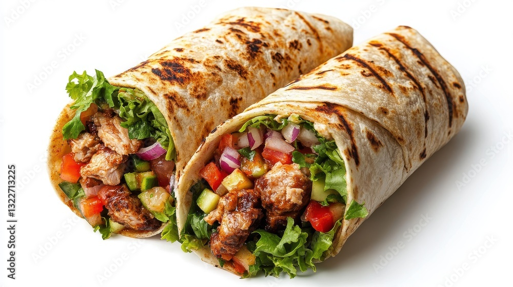 Two delicious wraps filled with grilled meat, fresh vegetables, and flavorful spices. Perfect for a quick and healthy meal. Two delicious wraps filled with grilled meat, fresh vegetables, and flavorful spices. Perfect for a quick and healthy meal.