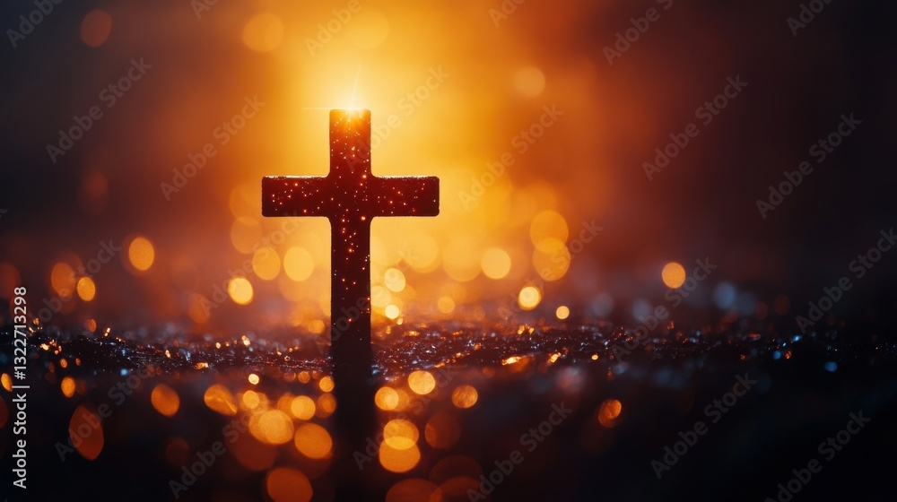 Silhouette of a cross against a warm, bokeh background. A powerful image of faith and hope. Silhouette of a cross against a warm, bokeh background. A powerful image of faith and hope.