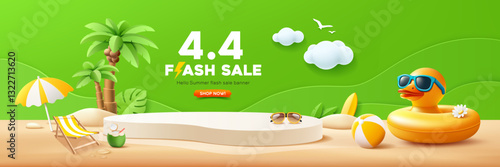 Summer flash sale podium, Duck yellow shaped inflatable ring, beach umbrella, coconut tree, banner design on sand beach green background, EPS 10 vector illustration