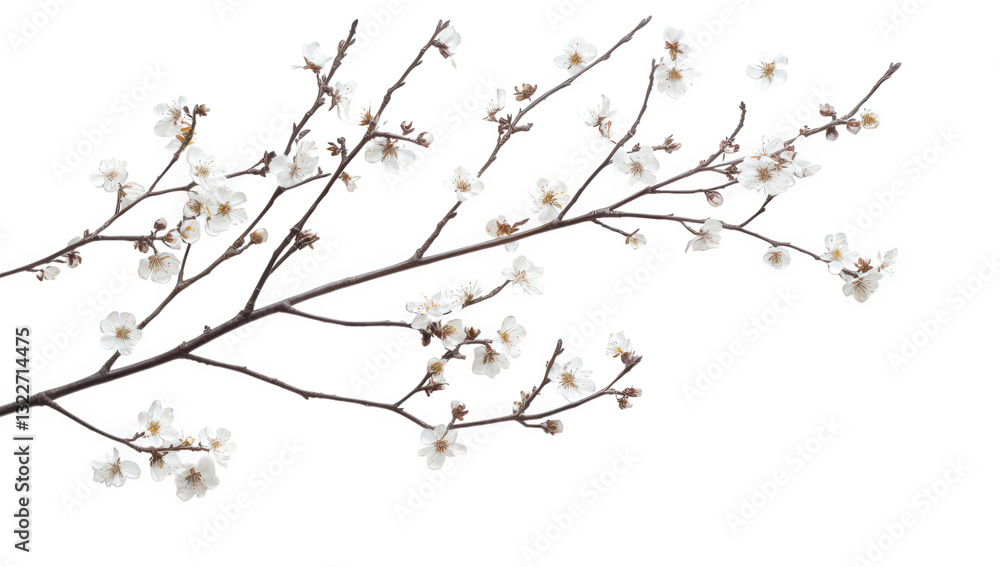 branch adorned with white blossoms rests gracefully on a light background symbolizing beauty and the arrival of spring. essence of nature's simplicity and elegance branch adorned with white blossoms rests gracefully on a light background symbolizing beauty and the arrival of spring. essence of nature's simplicity and elegance