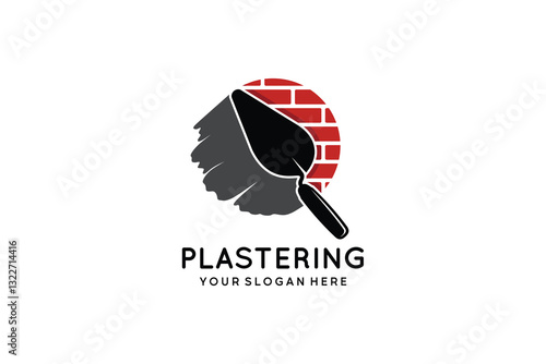 Brick wall plastering logo design with trowel silhouette symbol