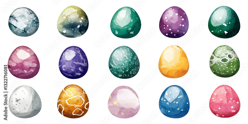 Watercolor set of natural stones and rocks in different colors, Easter egg clipart isolated on a white background Watercolor set of natural stones and rocks in different colors, Easter egg clipart isolated on a white background