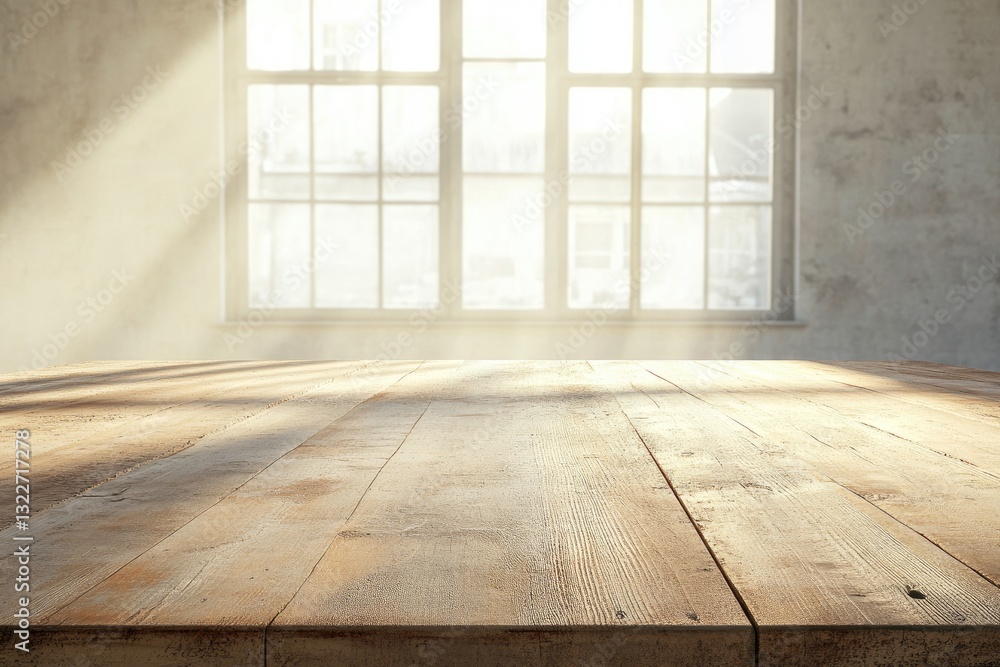Rustic wooden table in front of a large window. Sunlight streams in Rustic wooden table in front of a large window. Sunlight streams in