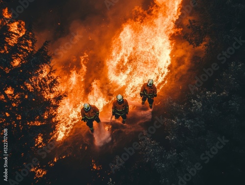 Drone shot of firemen controlling a wild fire  - ai