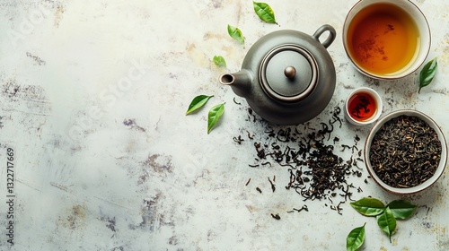 Elegant Teapot with Matching Cups, Bowl of Dry Tea, and Leaves on Table Setting