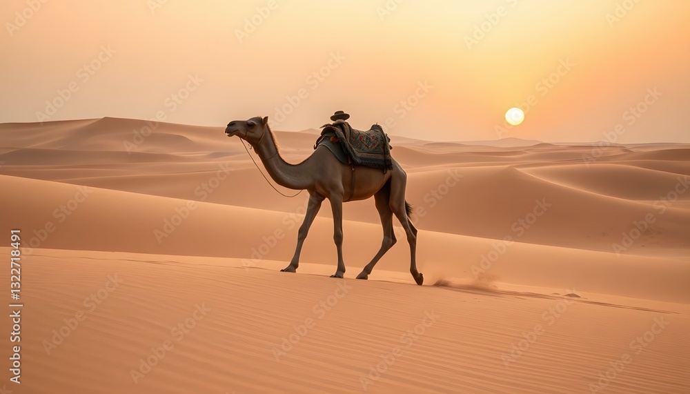 Camel Walking in the Desert at Sunset Landscape, Sand Dunes and Bright Sun Camel Walking in the Desert at Sunset Landscape, Sand Dunes and Bright Sun