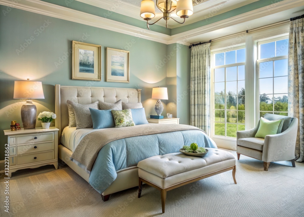 Fototapeta premium Calming Blue & Cream Transitional Bedroom Design - Interior Design Inspiration