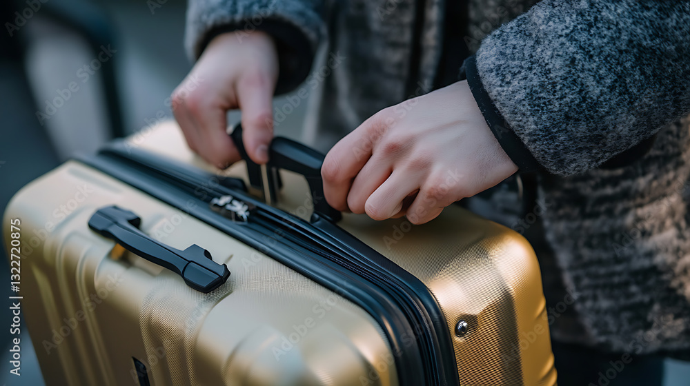 Person is securing gold suitcase, feeling excited and prepared for an upcoming trip, filled with anticipation for adventure Person is securing gold suitcase, feeling excited and prepared for an upcoming trip, filled with anticipation for adventure