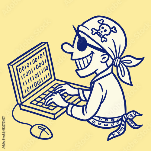 Sketch style doodle of computer pirate hacking laptop. Hand drawn vector illustration.