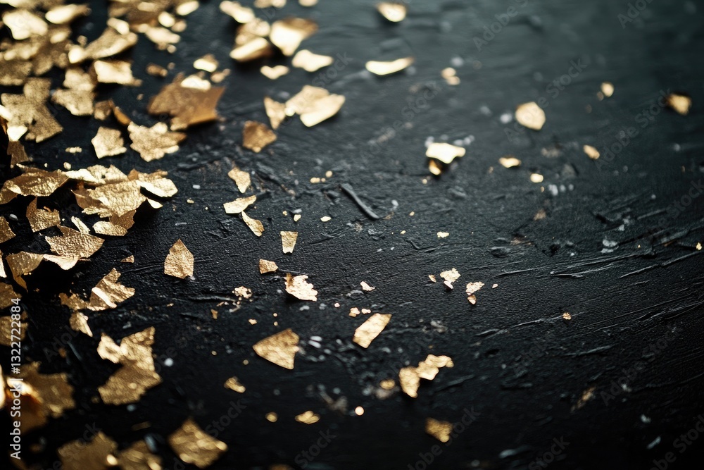 Fototapeta premium Black textured surface with scattered gold leaf flakes for elegant background image