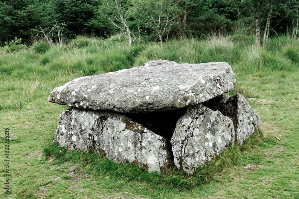 Restored prehistoric cist burial chamber on Lakehead Hill near Postbridge, Devon. Cist at west end of stone row