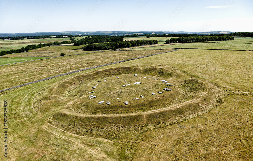 Arbow Low Neolithic henge and stone circle and adjoined bowl barrow on limestone upland near Bakewell, Derbyshire. Parched summer drought conditions