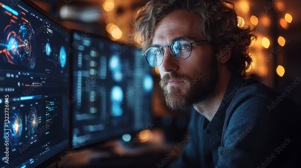 A person with glasses is focused on multiple computer screens displaying complex quantum computing visualizations and machine learning data. The setting is a cozy workspace illuminated by soft lights.