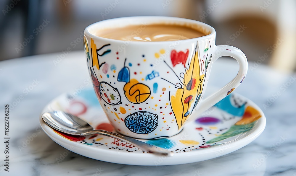 Coffee cup on a saucer with a spoon at a table Coffee cup on a saucer with a spoon at a table