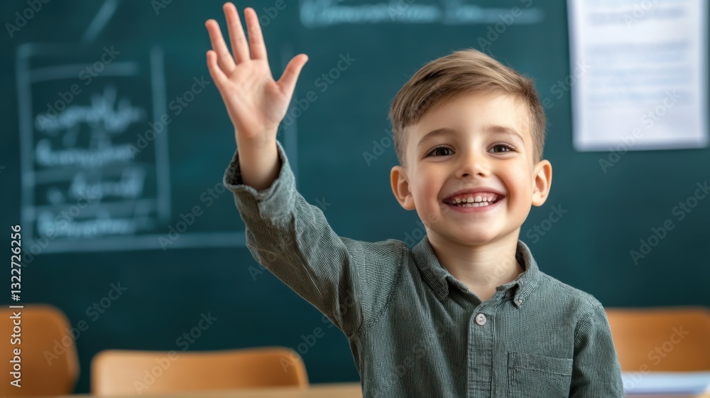 Joyful young boy raising hand eagerly in classroom, smiling with enthusiasm for learning and participation Joyful young boy raising hand eagerly in classroom, smiling with enthusiasm for learning and participation