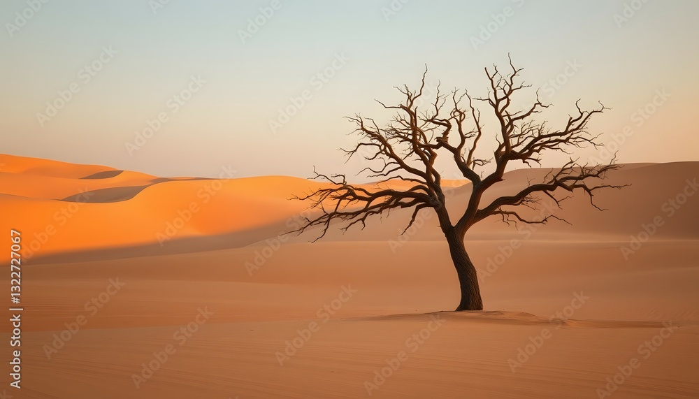 Desert Landscape with Lone Tree Silhouetted Against Sunset Sky Sand Dunes and Peaceful Ambiance