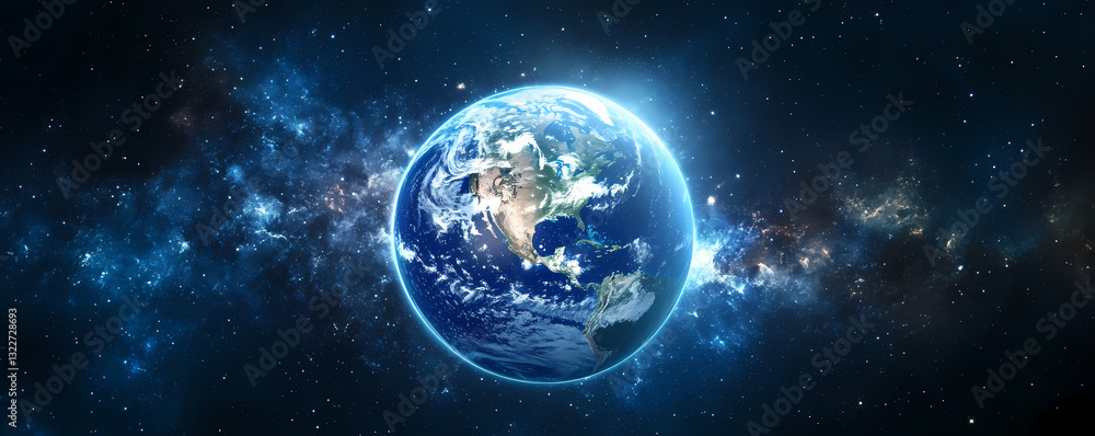 Obraz premium Our Home Planet: A stunning view of Earth from space, showcasing the vibrant blue oceans, swirling clouds, and the breathtaking beauty of the planet amidst the vastness of the cosmos.