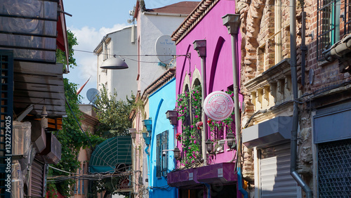 street in the old town with colourful houses and building 