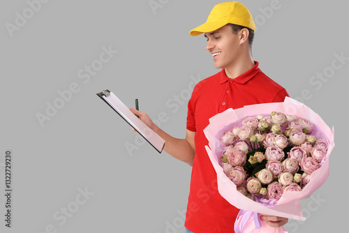 Male courier with bouquet o...