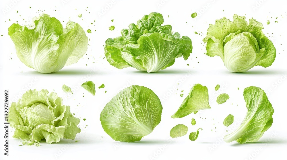 Obraz premium Dynamic Green Cabbages Exploding on White Background