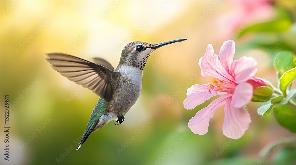Fototapeta premium Hummingbird in Flight Approaching Colorful Blooming Flower