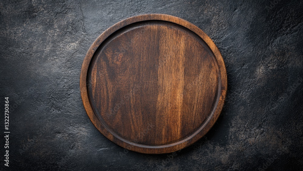 Empty Wooden Round Pizza Tray on Dark Stone Background Empty Wooden Round Pizza Tray on Dark Stone Background