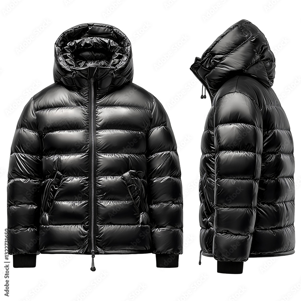 Black Down Puffer Quilted Hoodie Hooded Parka Jacket Set with Front Back and Side Views for Artwork Design isolated on transparent background Black Down Puffer Quilted Hoodie Hooded Parka Jacket Set with Front Back and Side Views for Artwork Design isolated on transparent background
