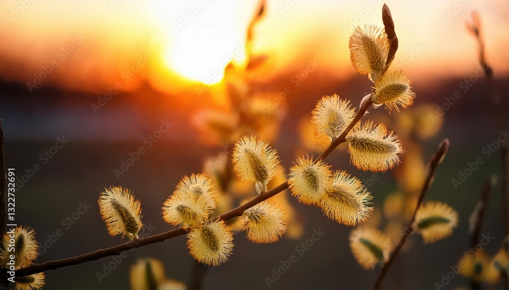 Willow Branches with Fluffy Yellow Buds in Spring Blossom against a Warm Sunset Backdrop Vibrant Natures Awakening Captured in a Breathtaking Springtime Scene Willow Branches with Fluffy Yellow Buds in Spring Blossom against a Warm Sunset Backdrop Vibrant Natures Awakening Captured in a Breathtaking Springtime Scene