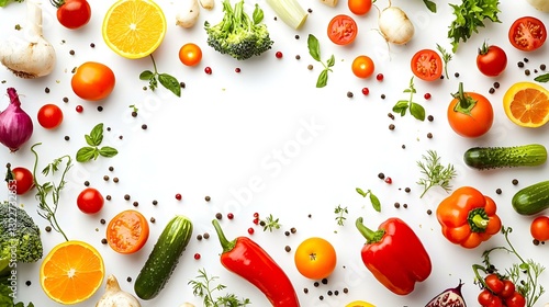 Assortment of Fresh Vegetables and Fruits isolated on white background