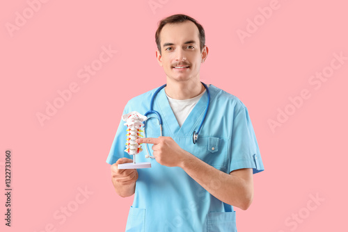 Male doctor demonstrating spinal anatomy with vertebral column model on pink ...