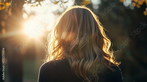 Woman from the back her balayage ombre hair glistening in the sunlight