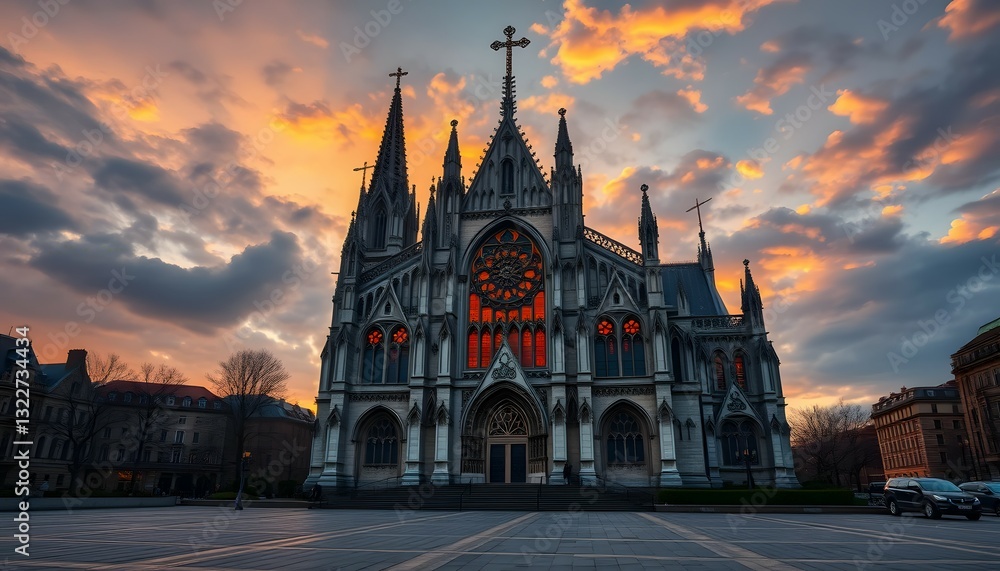 Gothic Cathedral Lit by Sunset with Ornate Architecture and Dramatic Sky Above Gothic Cathedral Lit by Sunset with Ornate Architecture and Dramatic Sky Above