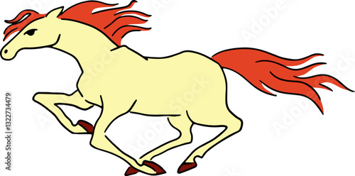 galloping horse of light color with red mane with developing mane side view full length