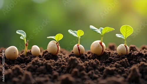 A series of close-up images showing the stages of germination. The seed first swells, then cracks open, revealing a tiny root system that burrows into the soil. A tender green shoot emerges, curving 