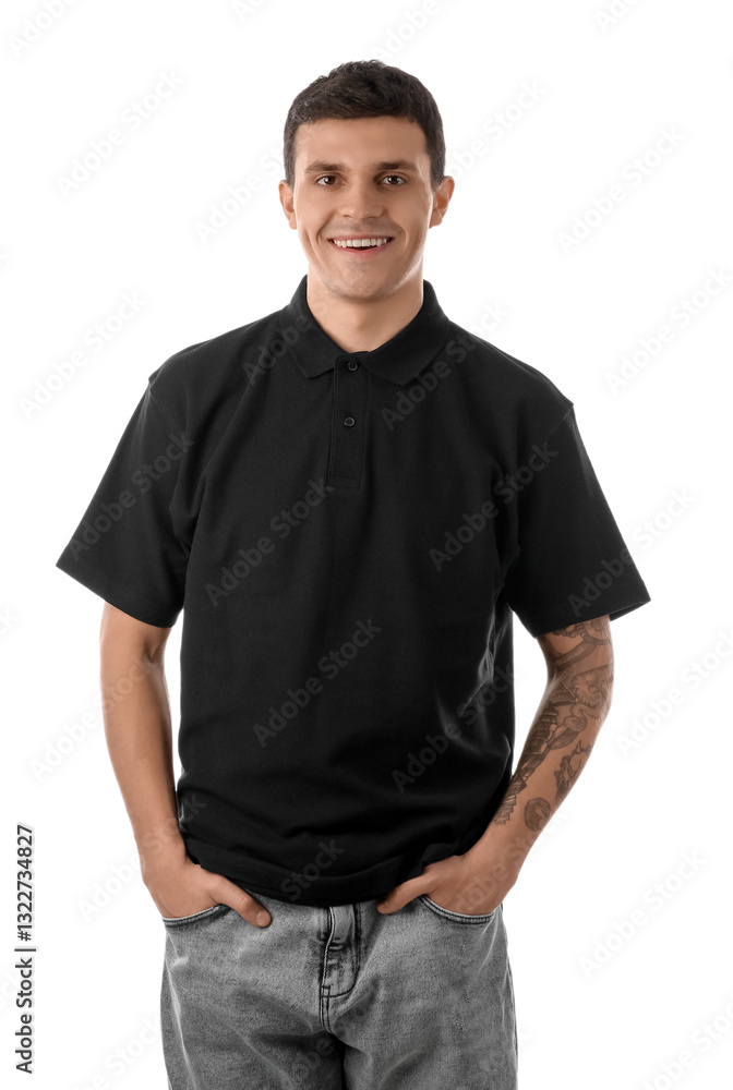Handsome young man in stylish black t-shirt on white background Handsome young man in stylish black t-shirt on white background