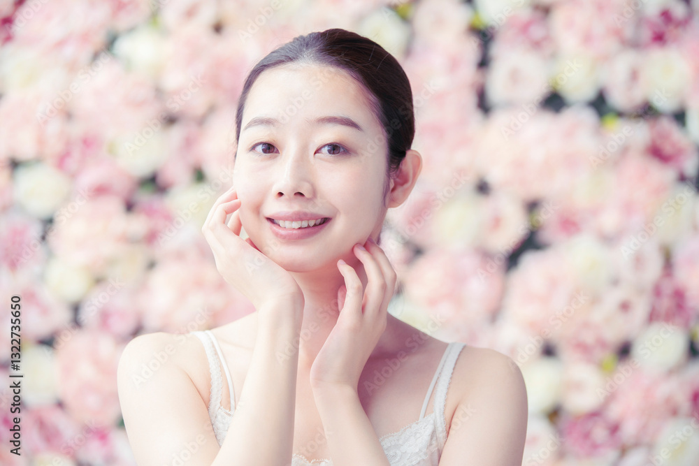 スキンケア・女性・フラワー背景・彩度弱めテイスト スキンケア・女性・フラワー背景・彩度弱めテイスト