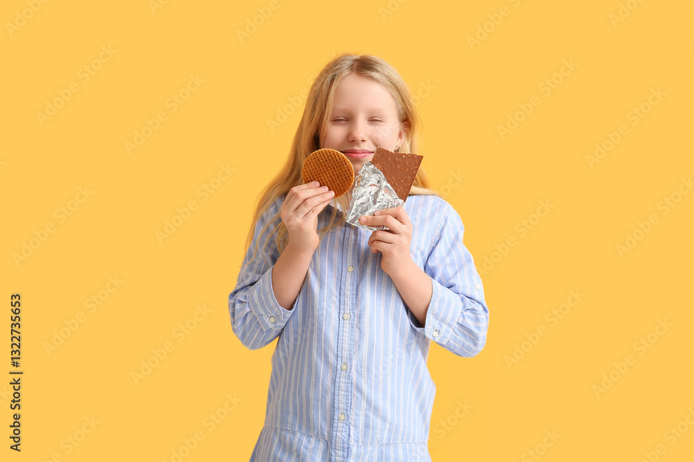 Cute little girl with sweets on orange background Cute little girl with sweets on orange background